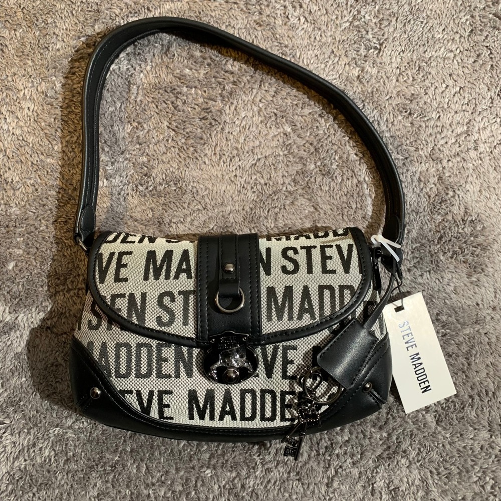 Steve Madden Logo Print Canvas‎ Shoulder Bag Black Cream Monogram Flap Purse NEW